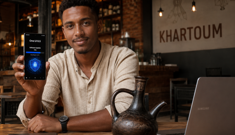 شاب سوداني في مقهى بالخرطوم يستعرض تحديث واجهة One UI 8.5 الأمني الجديد على هاتف سامسونج جالكسي.