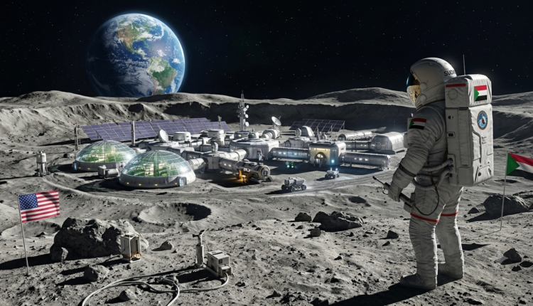 تطلعات مستقبليّة: رائد فضاء سوداني يرقب ملامح "قاعدة القمر" (Moon Base) الأولى من نوعها خارج كوكب الأرض. يجسد هذا التصميم التخيلي الخاص بـ "سلانيوز" مآلات المشاريع الفضائية الحالية، بالتزامن مع ضخ وكالة "ناسا" لـ 600 مليون دولار لإنشاء البنية التحتية الحيوية ومركبات الهبوط التجارية الممهدة للاستيطان البشري المستدام.